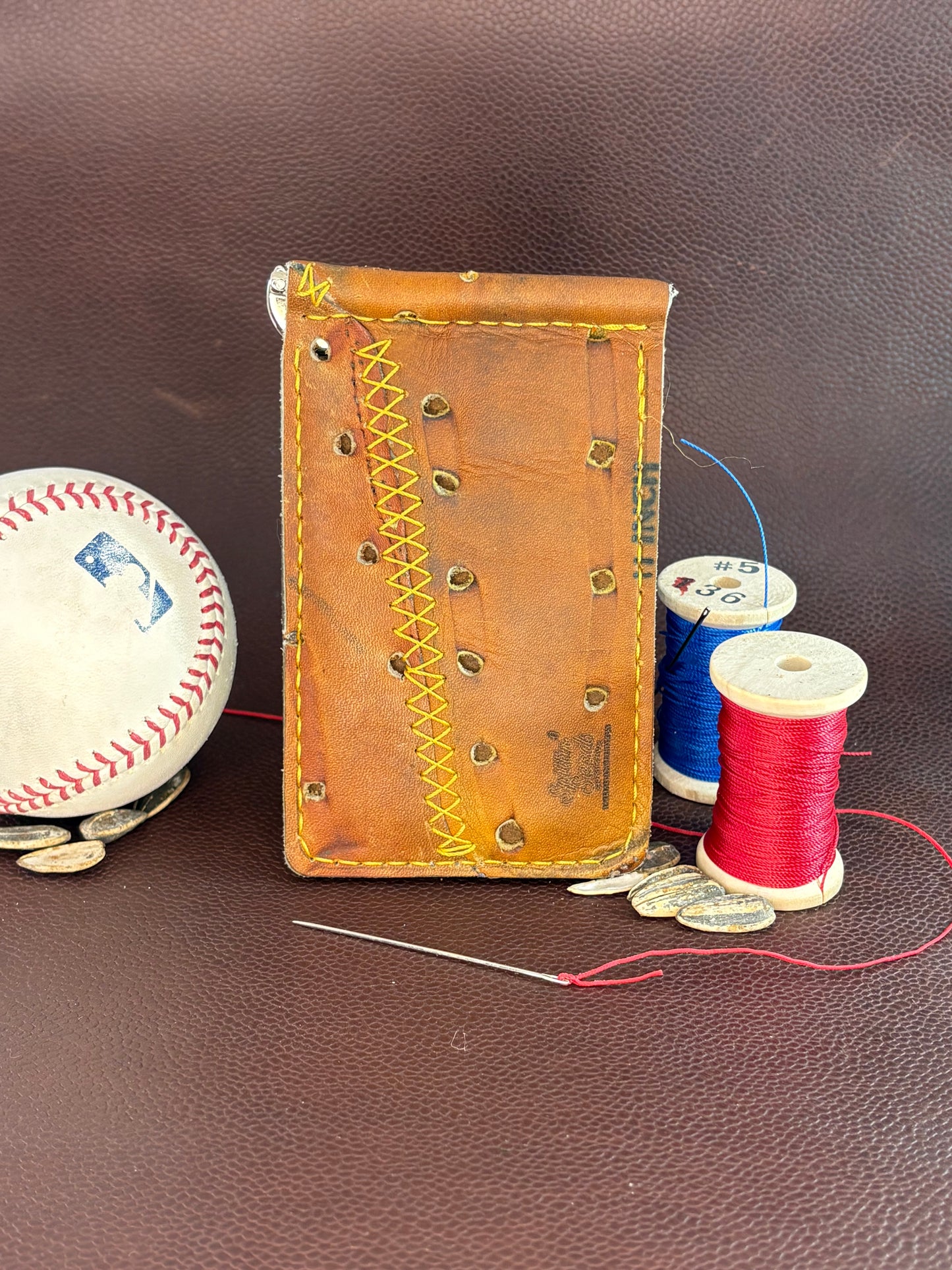 Hand-Stitched Baseball Glove Wallet Money Clip – Upcycled Leather, Ken Griffey Rawlings Glove